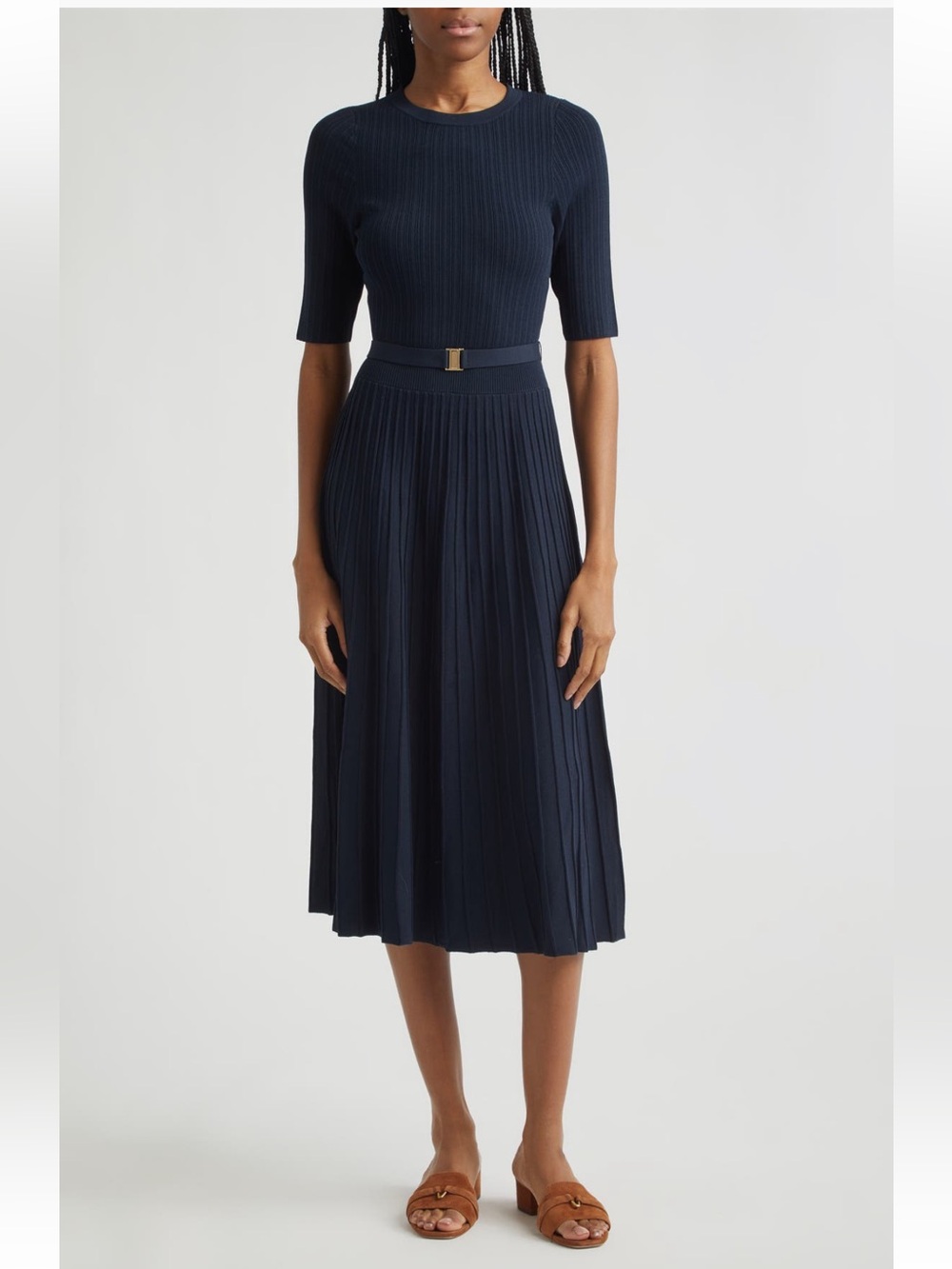 Veronica Beard Elthea Belted Rib Midi Knit Dress Short Sleeve Navy S &L New $498